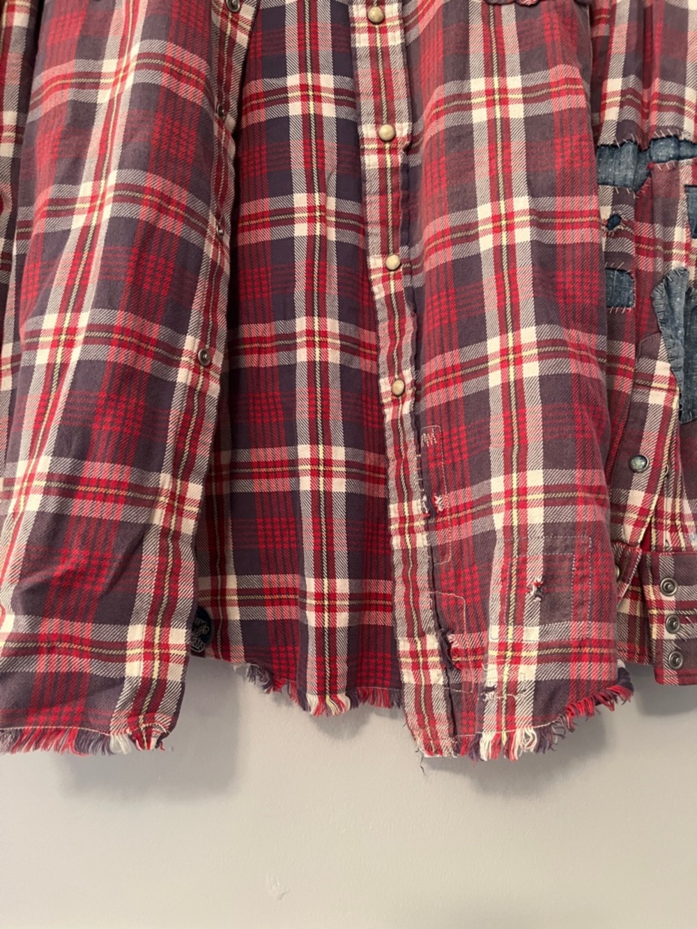 Polo Ralph Lauren Red Plaid Button-Up Shirt with Denim Patches & Frayed Bottom - Picture 6 of 7